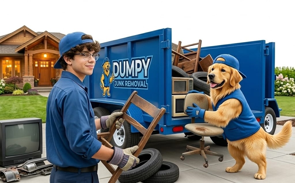 Professional junk removal services featuring a worker and a golden retriever loading furniture into a blue Dumpy trailer.