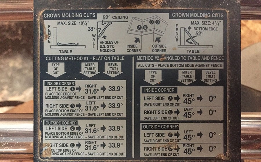 cutting crown molding diagram found on a miter saw