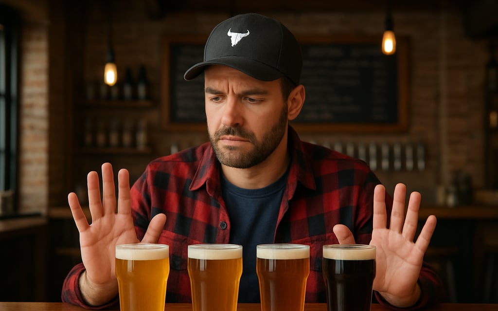 bearded man staring at a row of glasses looking confused