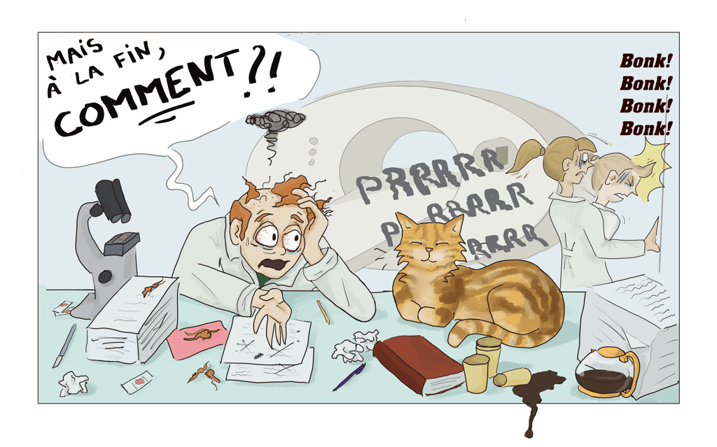 cartoon de scientifiques chercant à comprendre le ronronnement