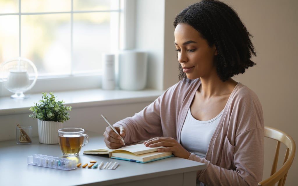 A woman tracking her medication schedule in a daily health journal with vitamins and tea.