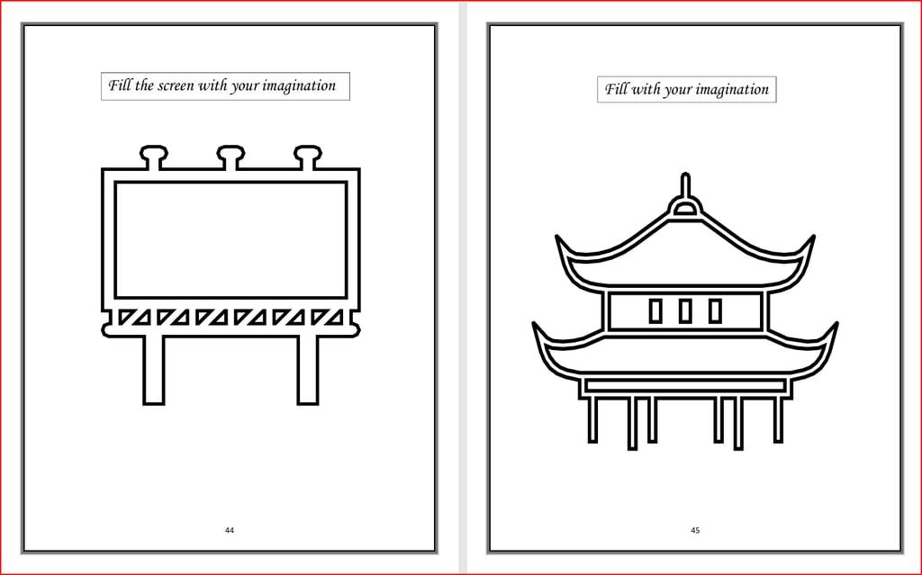 a doodling page of chinese architecture and a billboard