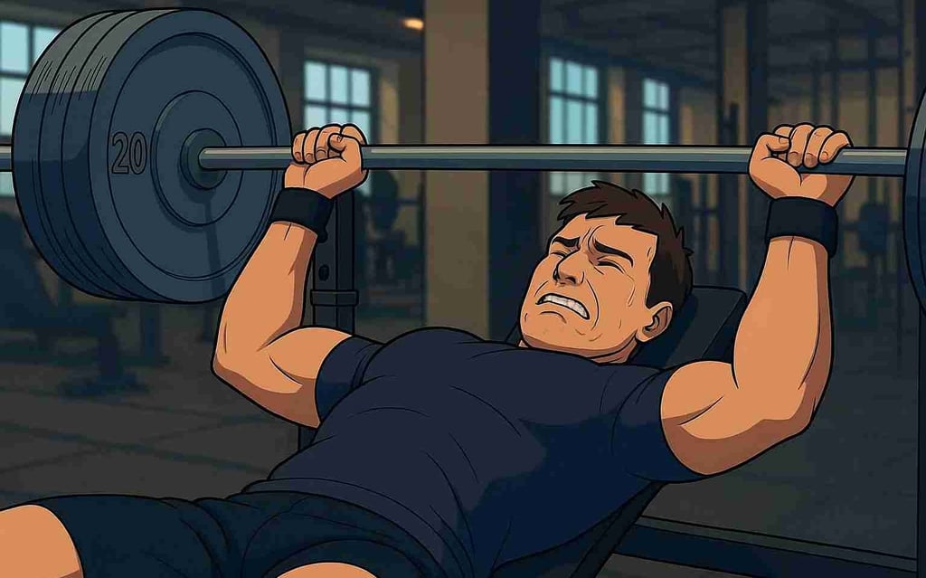 Överansträngd man som försöker göra bänkpress, svart tshirt med svarta shorts