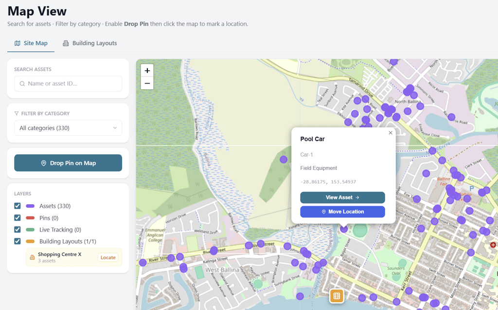 map view of assets and field equipment
