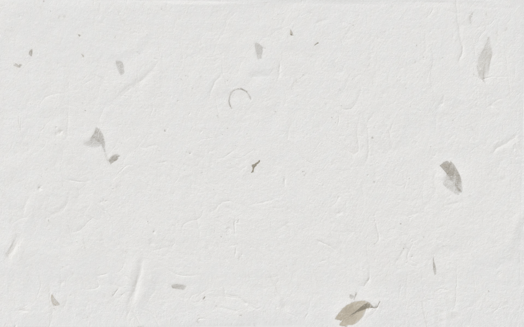 Texture of white handmade paper embedded with raw, organic botanical flecks and leaf fragments.