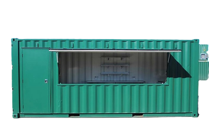 A custom green shipping container bar with a serving window and side door.