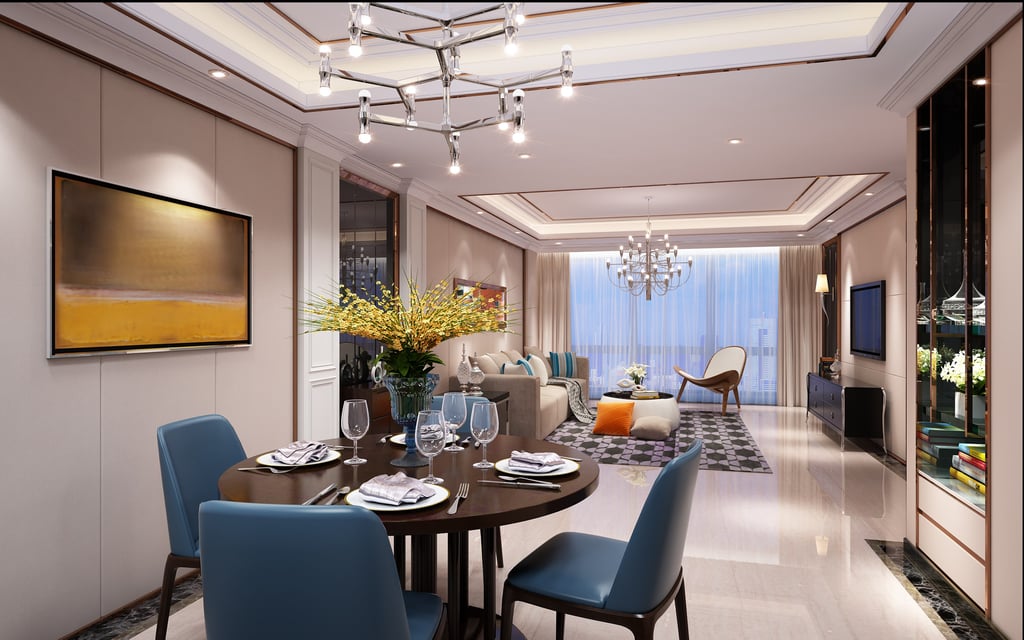 Luxury residential dining and living area — blue chairs, elegant table setting, warm lighting