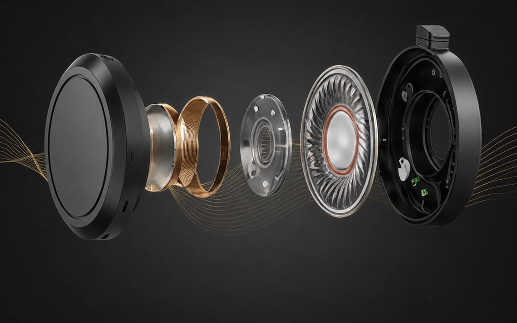 Exploded view of high-fidelity headphone driver components showing internal acoustic hardware and voice coils.