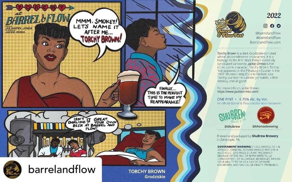 Comic book style beer label Torchy Brown created by Jackie Ormes brewed tor Barrel and Flow Fest