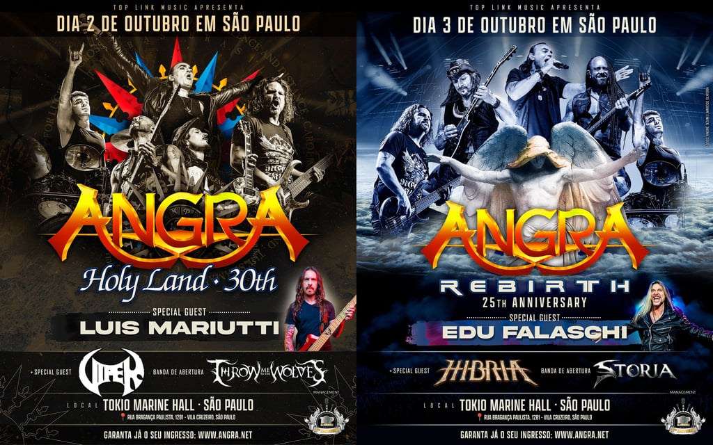 Cartazes dos shows comemorativos do disco Holy Land e Rebirth da banda Angra no Tokio Marine Hall