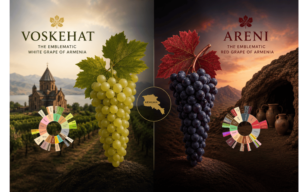 Infographic of Armenian Voskehat white grapes and Areni red grapes with flavor profile wheels.