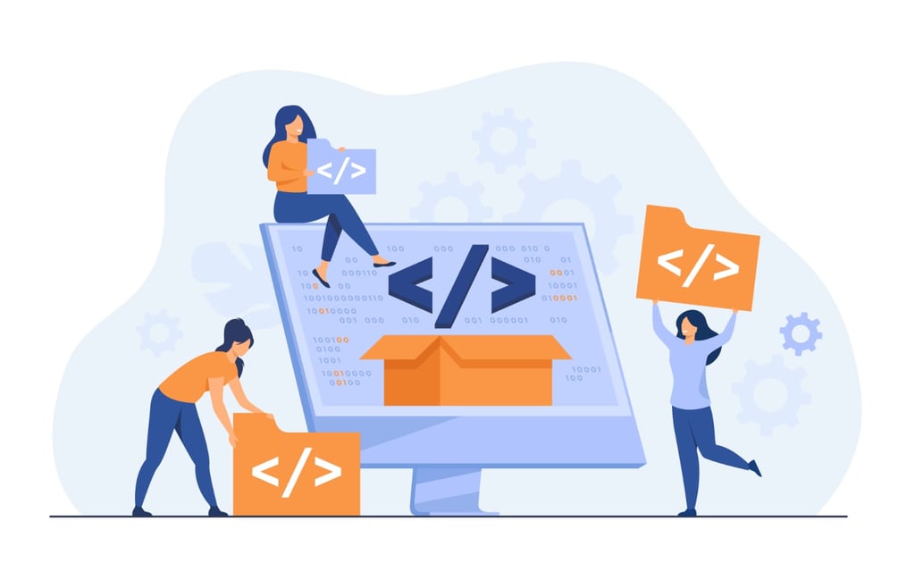 Software developers collaborating on web programming and open source code development.