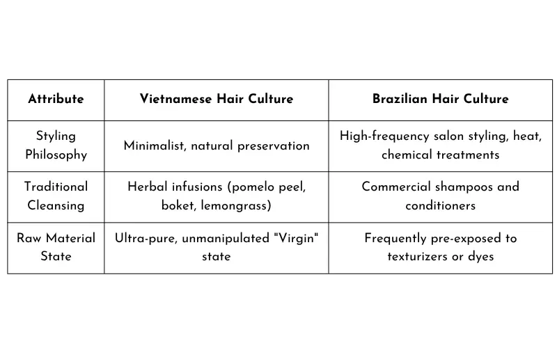 Comparison Chart of Cultural Beauty Practices and Hair Wellness Regimens Between Vietnamese Hair and Brazilian Hair