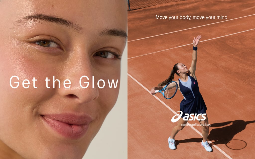 A young woman with glowing skin and a tennis player serving on a clay court for ASICS sportswear.