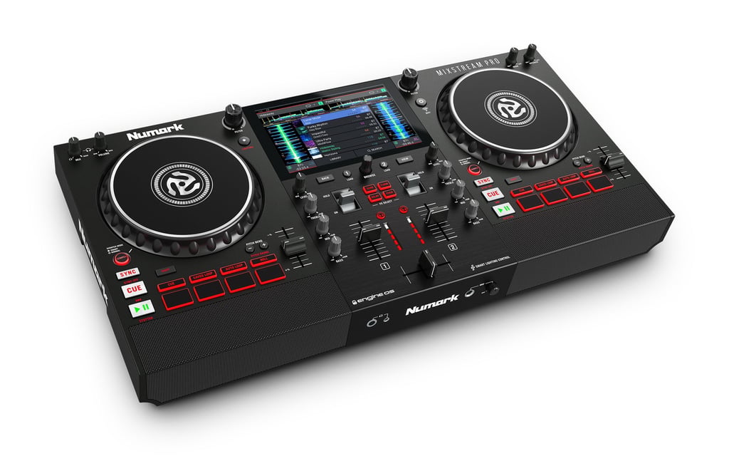 Vista superior del Numark Mixstream Pro, sistema DJ autónomo con pantalla táctil y altavoces integrados