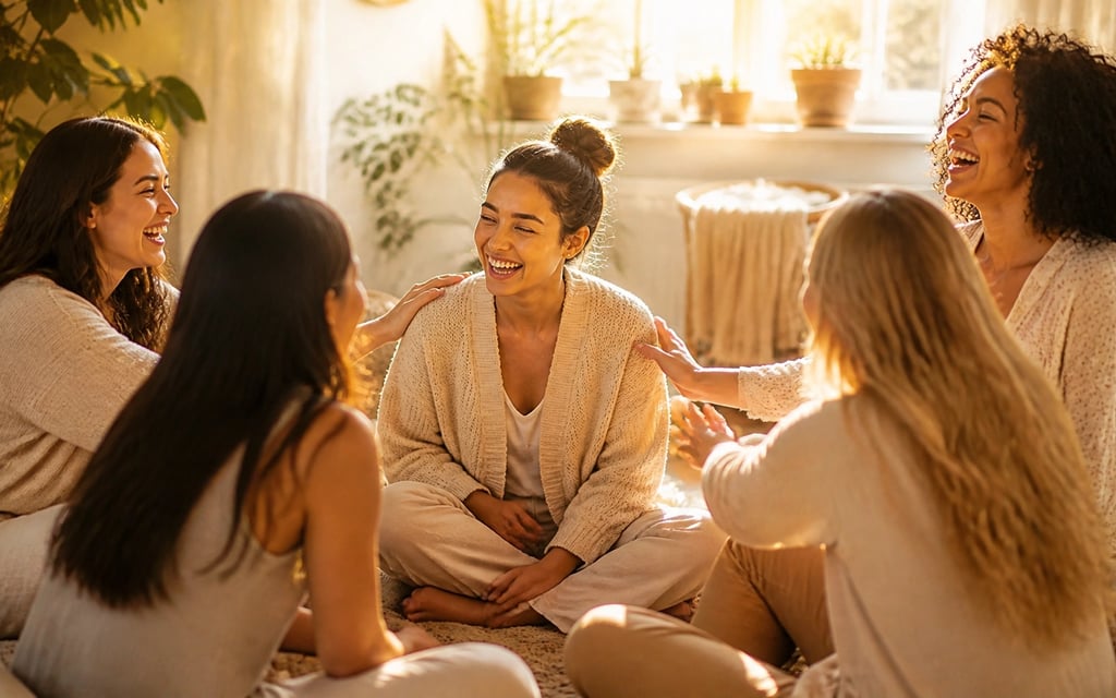 A diverse group of women sitting in a circle sharing laughter during a supportive wellness retreat.