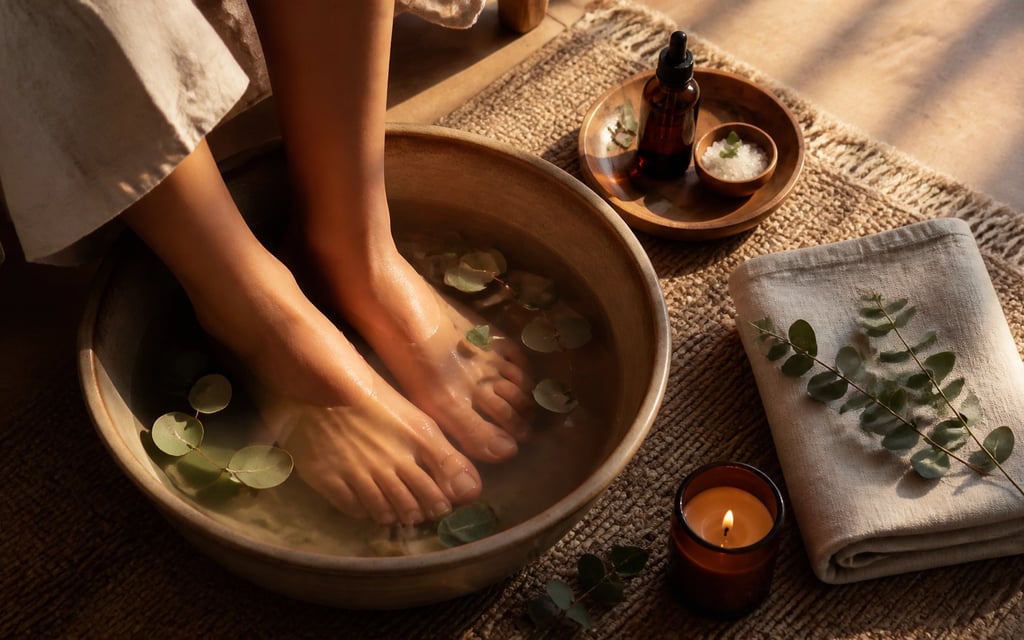 Relaxing foot soak in a wooden bowl with eucalyptus leaves, essential oils, and a lit candle for a home spa.