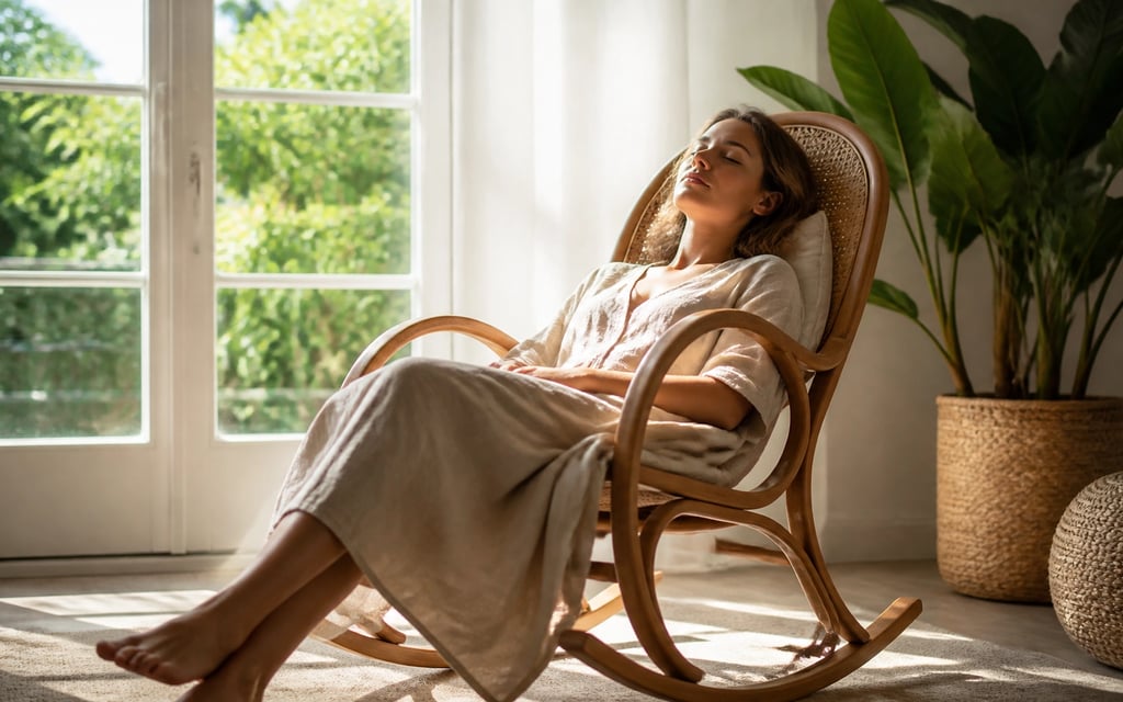 A woman relaxes in a wooden rocking chair by a sunny window for home wellness.