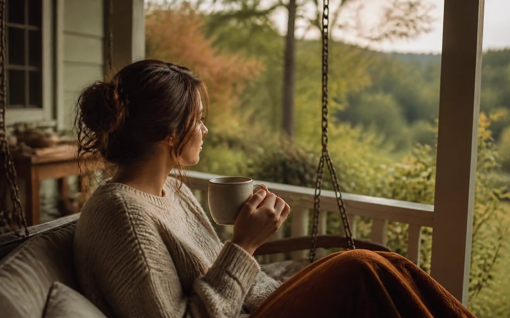 Woman in a cozy sweater sips coffee on a porch swing, enjoying a peaceful autumn morning view.