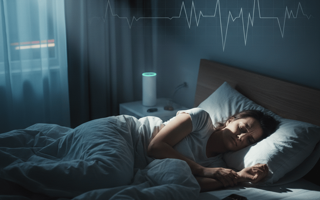 Woman sleeping in bed while a smart speaker tracks her sleep cycle and heart rate monitor data.