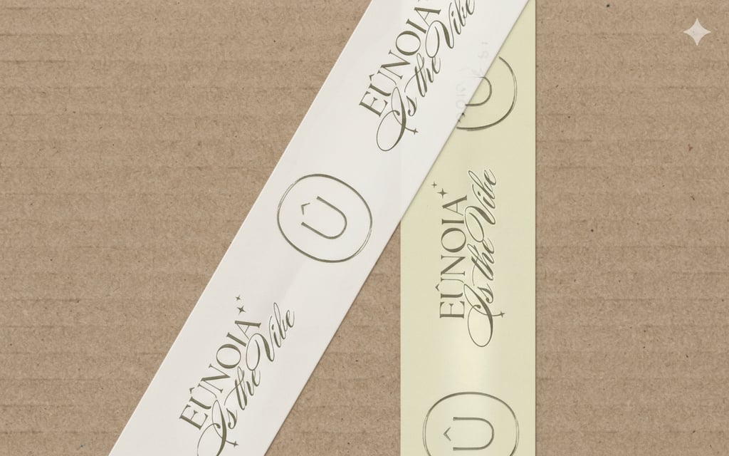 Cinta de embalaje personalizada con la marca Eunoia Is The Vibe en una caja de envío de cartón marró