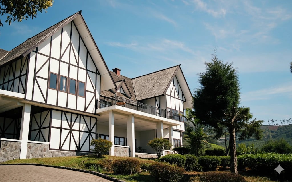 Rumah putih bergaya Eropa di bukit Puncak dengan atap cokelat, dikelilingi taman hijau.