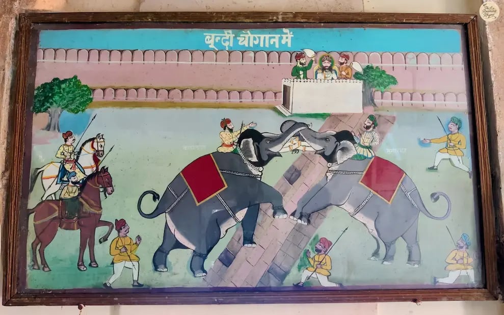 Historic elephant combat painting from Sukh Mahal, showcasing Bundi’s royal art style.