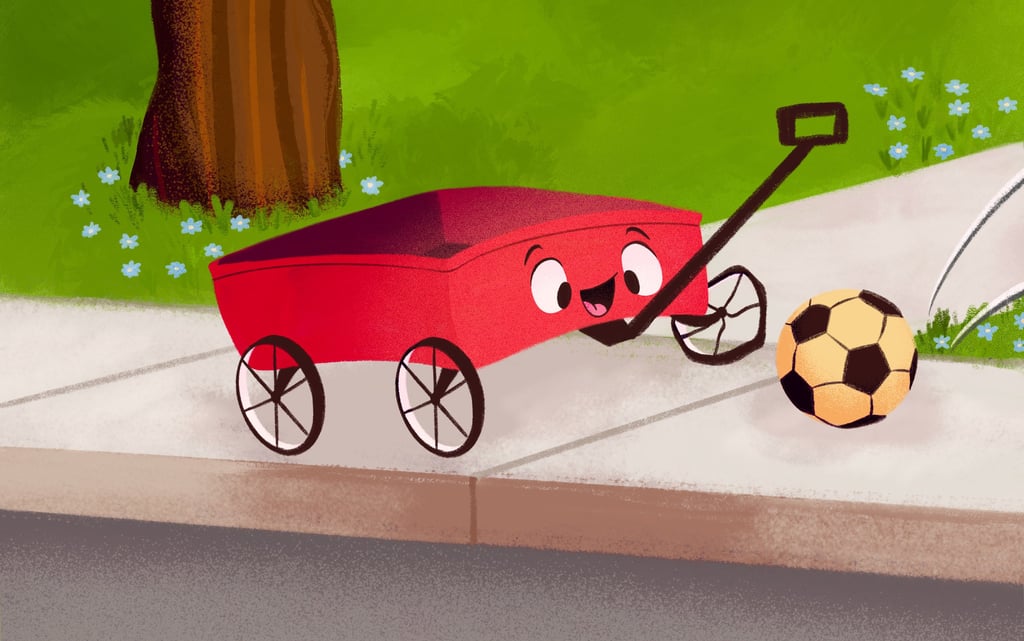 playful red wagon playing with a soccer ball