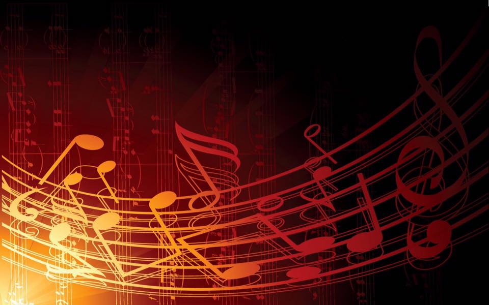 Abstract musical notes background with glowing orange and red staff lines and sheet music motifs.