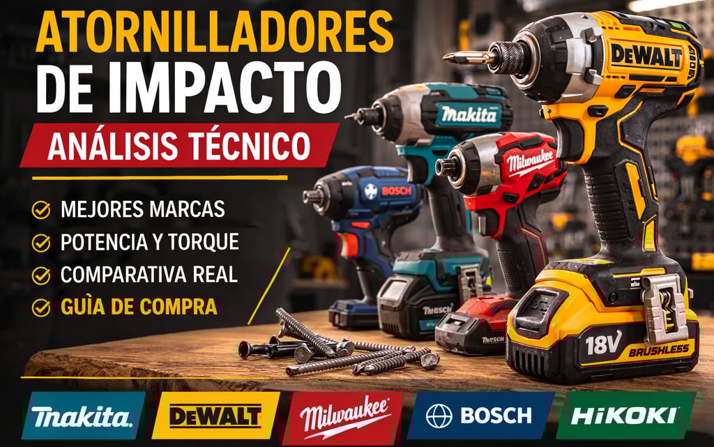 Comparativa de atornilladores de impacto DeWalt, Makita, Milwaukee y Bosch para análisis técnico.