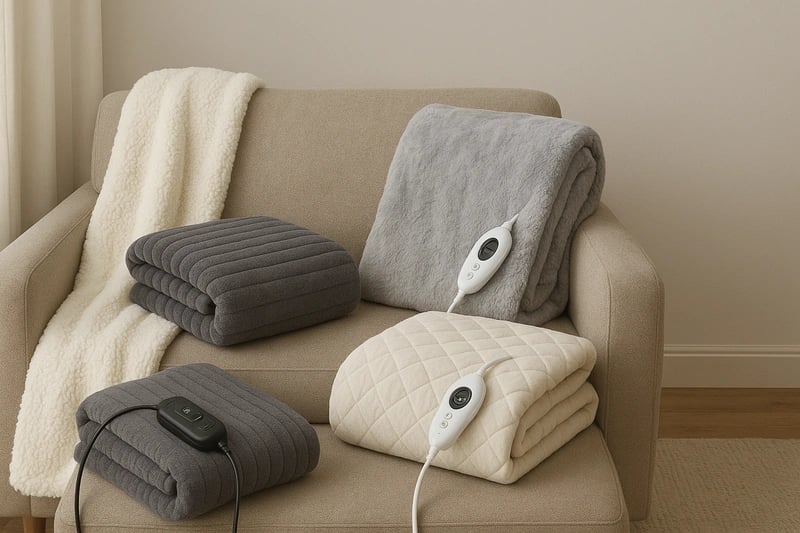 Beige sofa displaying four cozy heated blankets with controllers