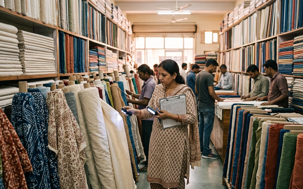 Fabric sourcing in Jaipur India textile market — organic cotton and linen wholesale for international clothing production