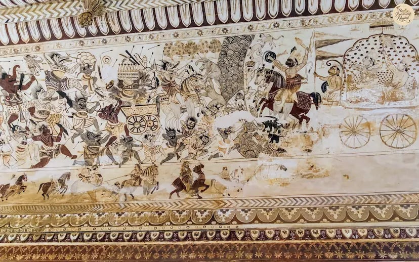 Ceiling fresco of Lakshmi Temple, Orchha depicting Lord Hanuman leading Rama's army on horseback.