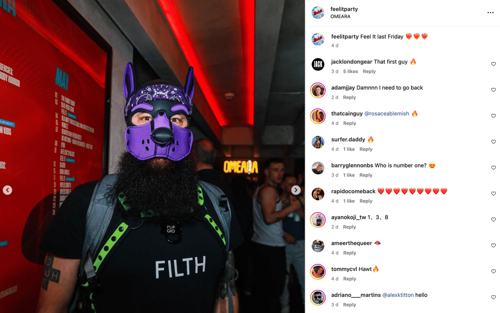 Man in pup mask with social media comments displayed