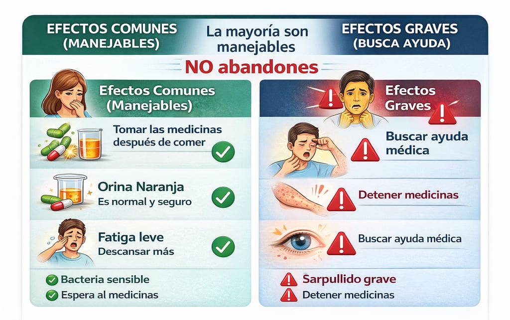 Guía visual de efectos secundarios del tratamiento de tuberculosis distinguiendo comunes de graves