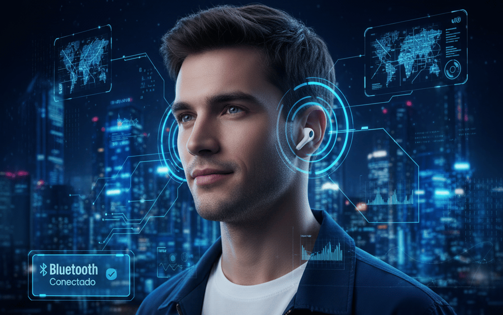 um homem com fones de ouvido Bluetooth e um fone de ouvido Bluetooth