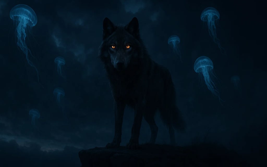 a wolf in the dark with jellyfishs and jellyfishs