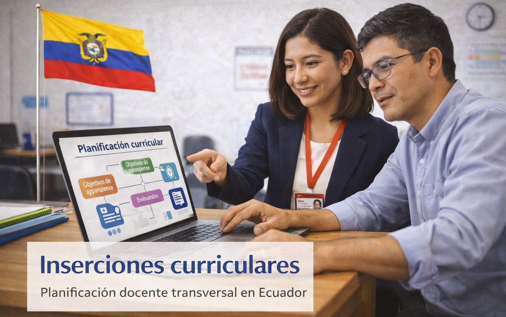 Docentes planificando inserciones curriculares en una computadora portátil, revisando una planificación en un aula