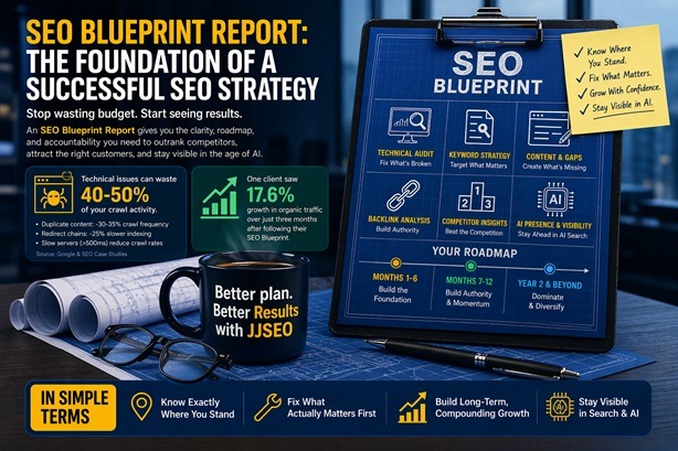 SEO blueprint report infographic with roadmap, technical audit and 17.6% growth example