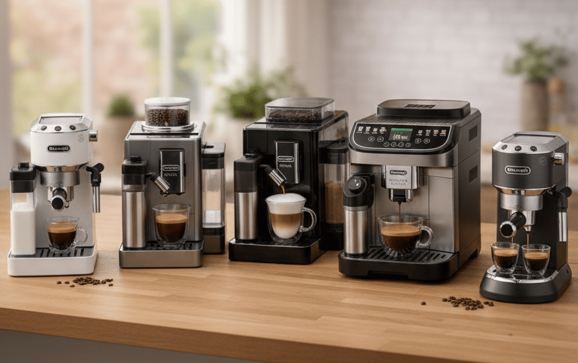 Comparação visual das melhores máquinas de café De'Longhi de 2026 lado a lado
