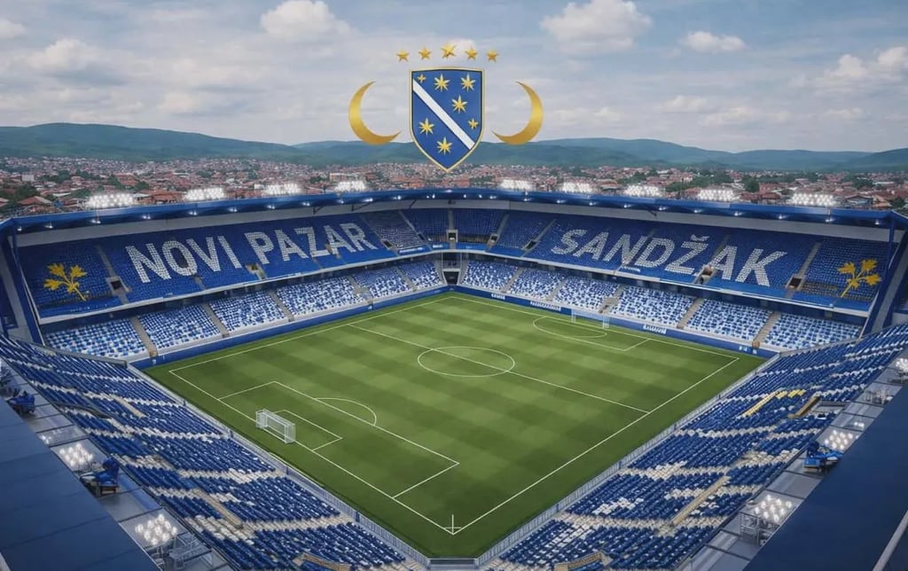 Gradski Stadion in Novi Pazar von FK Novi Pazar mit voll besetzten Tribünen und dichter Balkan-Atmosphäre.