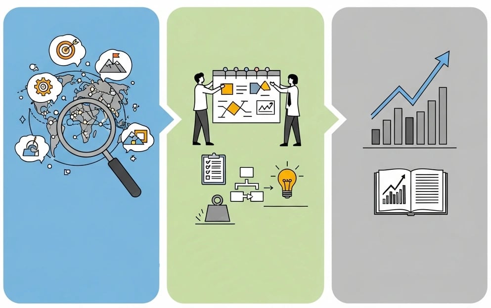 Business infographic showing global market research, strategic planning, and financial growth data.