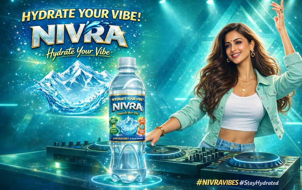 A stylish woman DJing next to a Nivra bottled water under neon lights with the slogan Hydrate Your Vibe.