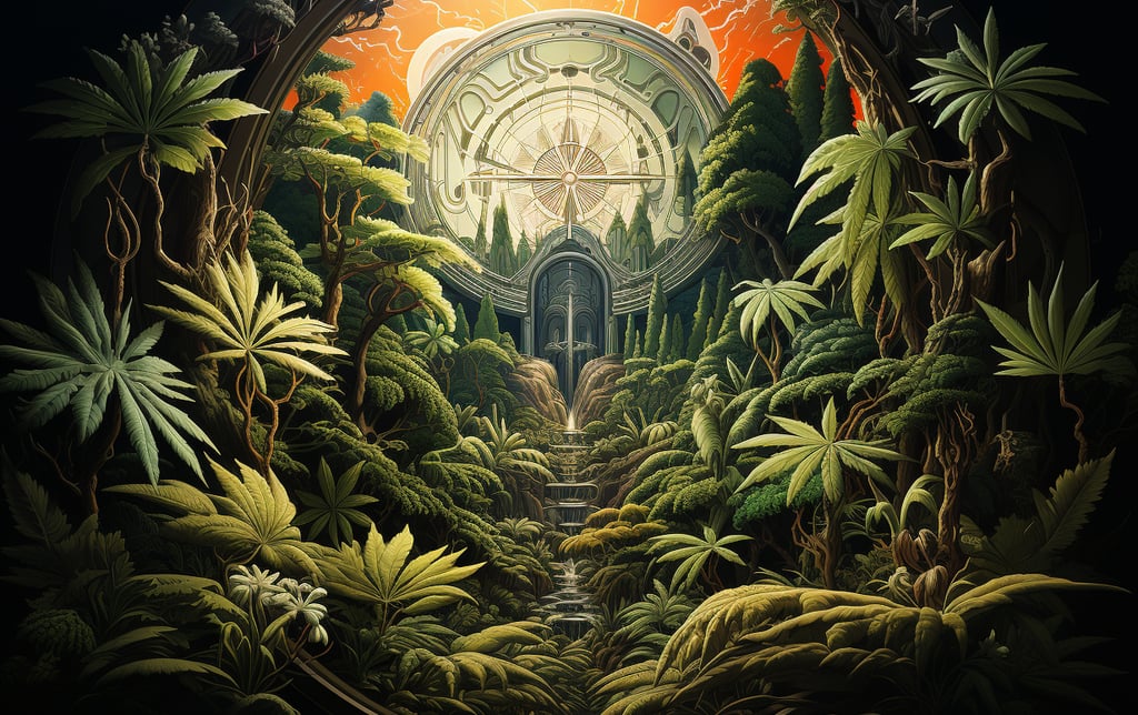 a painting of a clock in a circular window with cannabis plants
