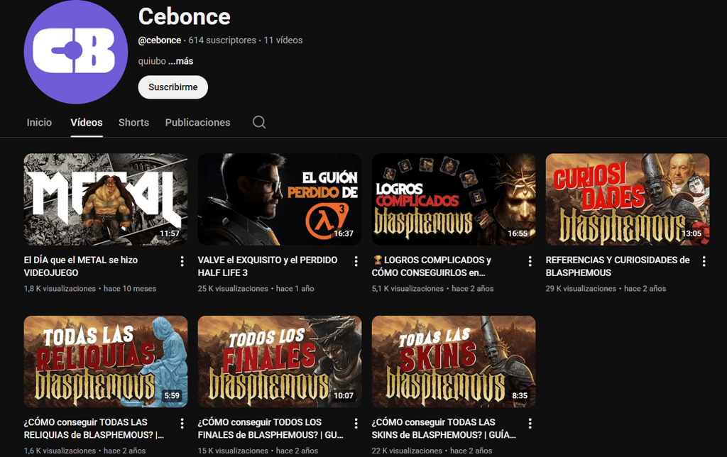 captura de pantalla del canal "Cebonce" donde se muestran 7 videos de larga duración.