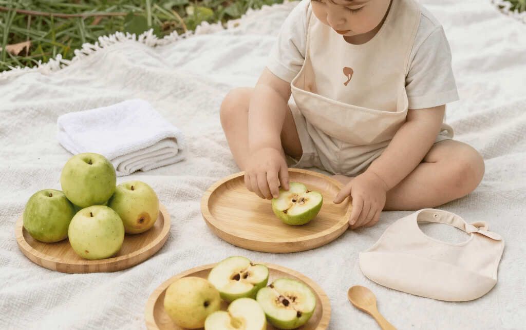 Close-up of colorful bamboo children's plates arranged on a wooden table with fresh fruits.