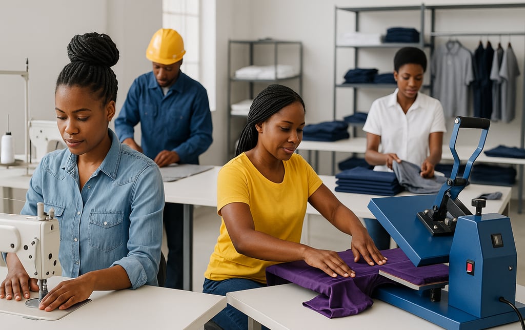 a group of people working on sewing machines