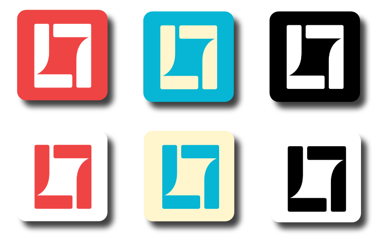 Icône minimaliste géométrique avec un logo en couleurs rouge, bleu, crème et noir
