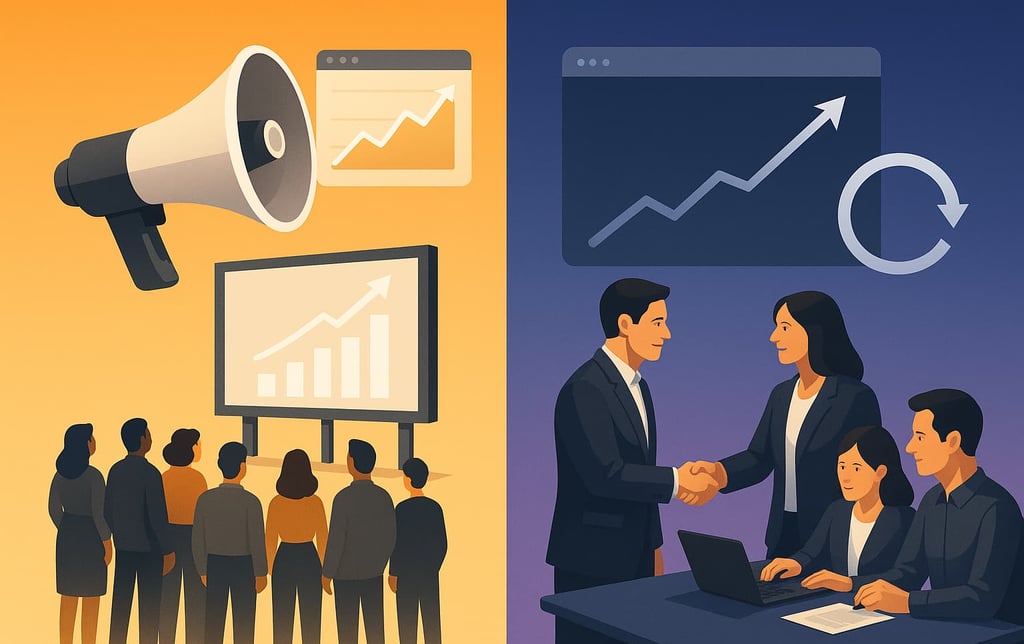 Marketing agency broadcasting with a megaphone vs. a growth agency forming a strategic partnership.