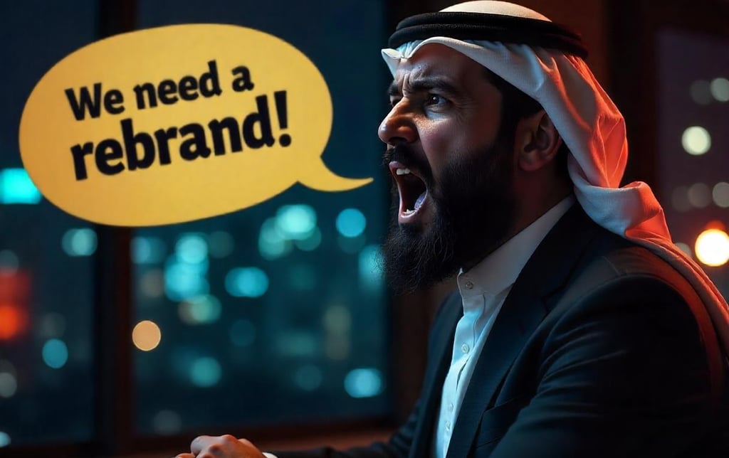 A rich CEO yelling showing a dialouge bubble “We need a rebrand!”